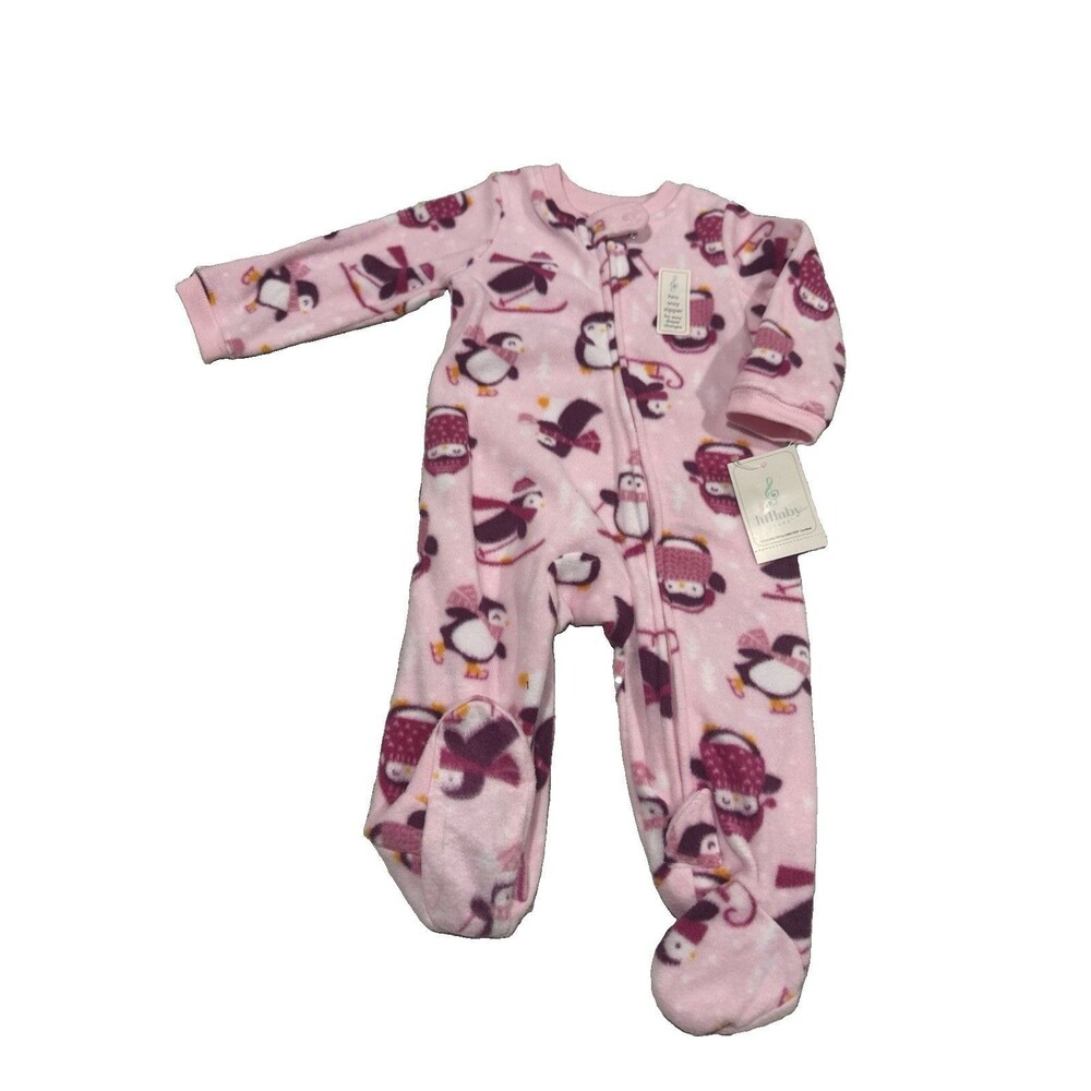 Lullaby Lane Penguin Skiing 2 Way Zipper Footie Pink Pajama Size 0-3 Months